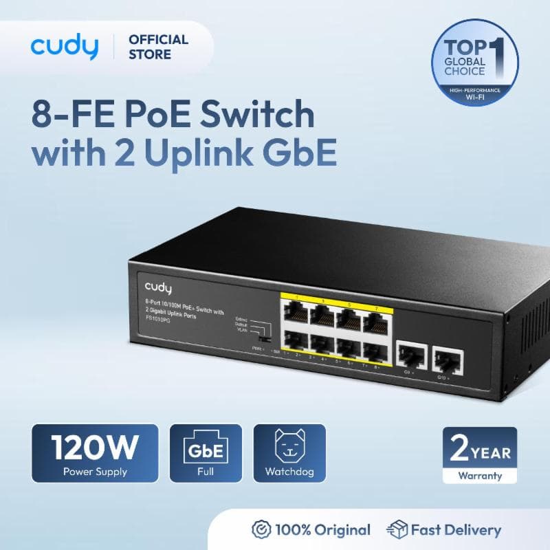CUDY FS1010PG PoE Switch 8 Ports with 2 Ports Gigabit Uplink 120W,8*10/100Mbps