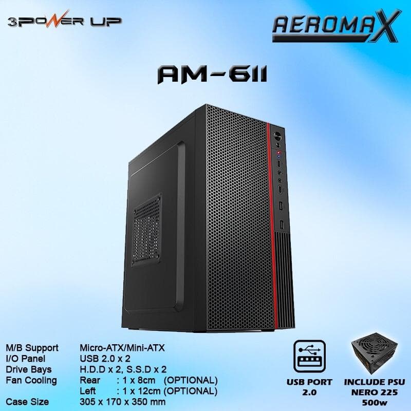 POWER UP AEROMAX AM-611 m-ATX Case include PSU 500W
