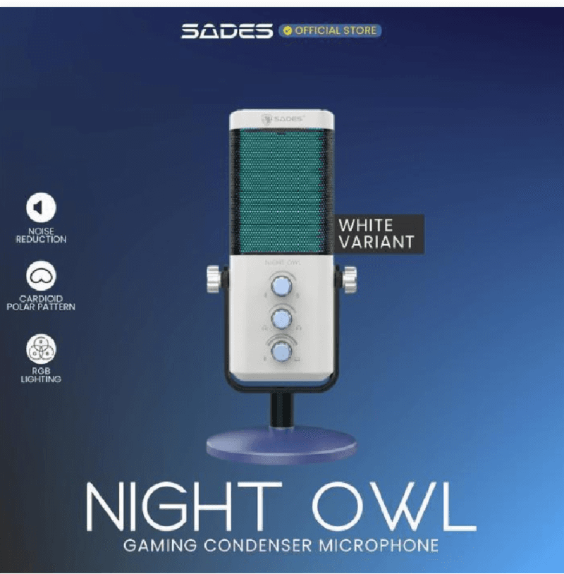 RYUNIX NIGHT OWL SA-M01 (White) Microphone USB Condenser Cardioid RGB Gaming Streaming Podcast Noise Reduction Gain Control