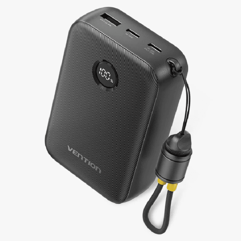 VENTION FKBB0-C 20000mAh Power Bank (USB-C + USB-C/USB-C/USB-A) with Built-in USB-C to USB-C Cable 22.5W Black LED Display Universal Type