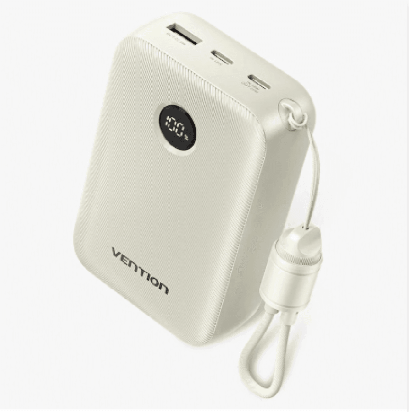 VENTION FKBN0-C 20000mAh Power Bank (USB-C + USB-C/USB-C/USB-A) with Built-in USB-C to USB-C Cable 22.5W Beige LED Display Universal Type