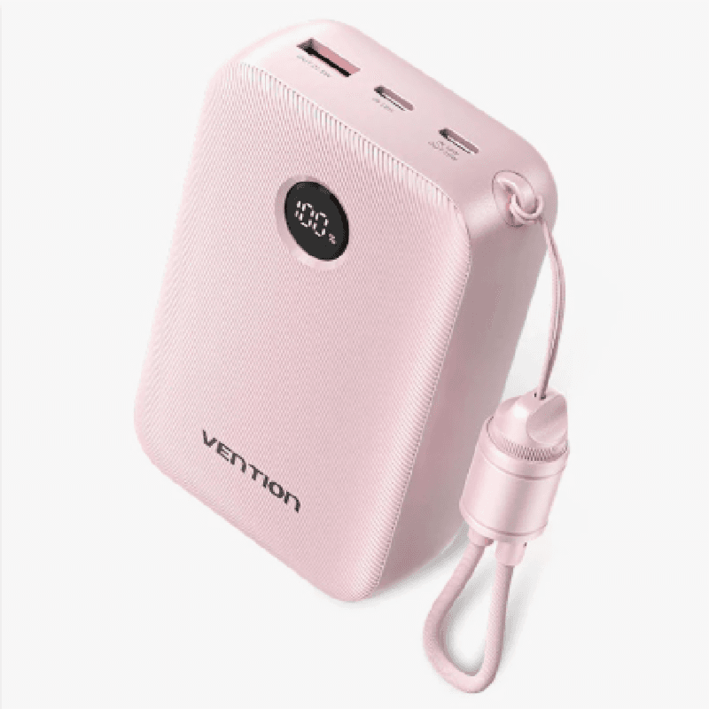 VENTION FKBP0-C 20000mAh Power Bank (USB-C + USB-C/USB-C/USB-A) with Built-in USB-C to USB-C Cable 22.5W Pink LED Display Universal Type