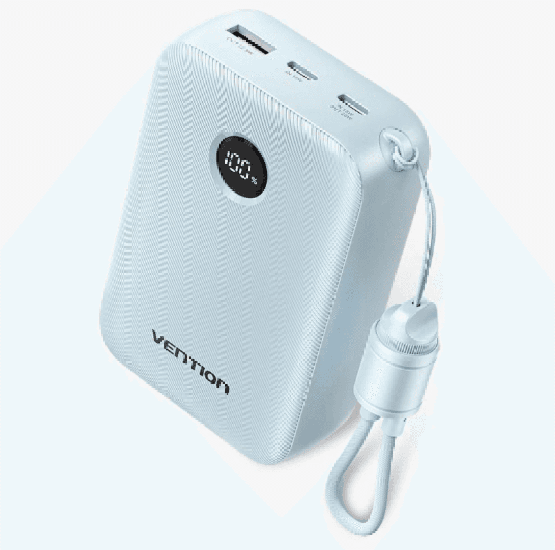 VENTION FKBL0-C 20000mAh Power Bank (USB-C + USB-C/USB-C/USB-A) with Built-in USB-C to USB-C Cable 22.5W Blue LED Display Universal Type