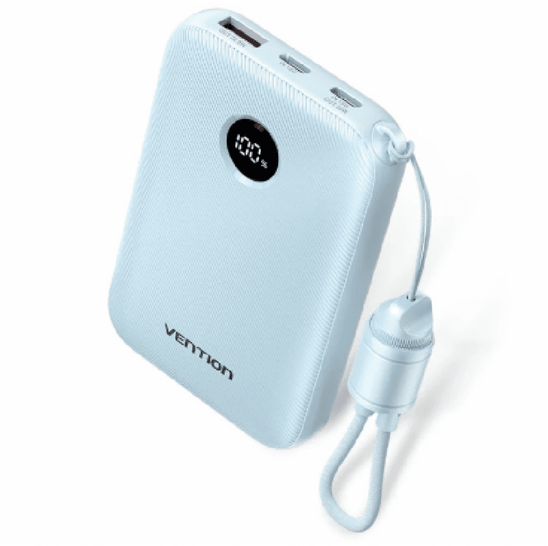 VENTION FKAL0-C-TY 10000mAh Power Bank (USB-C + USB-C/USB-C/USB-A) with Built-in USB-C to USB-C Cable 22.5W Blue LED Display Universal Type