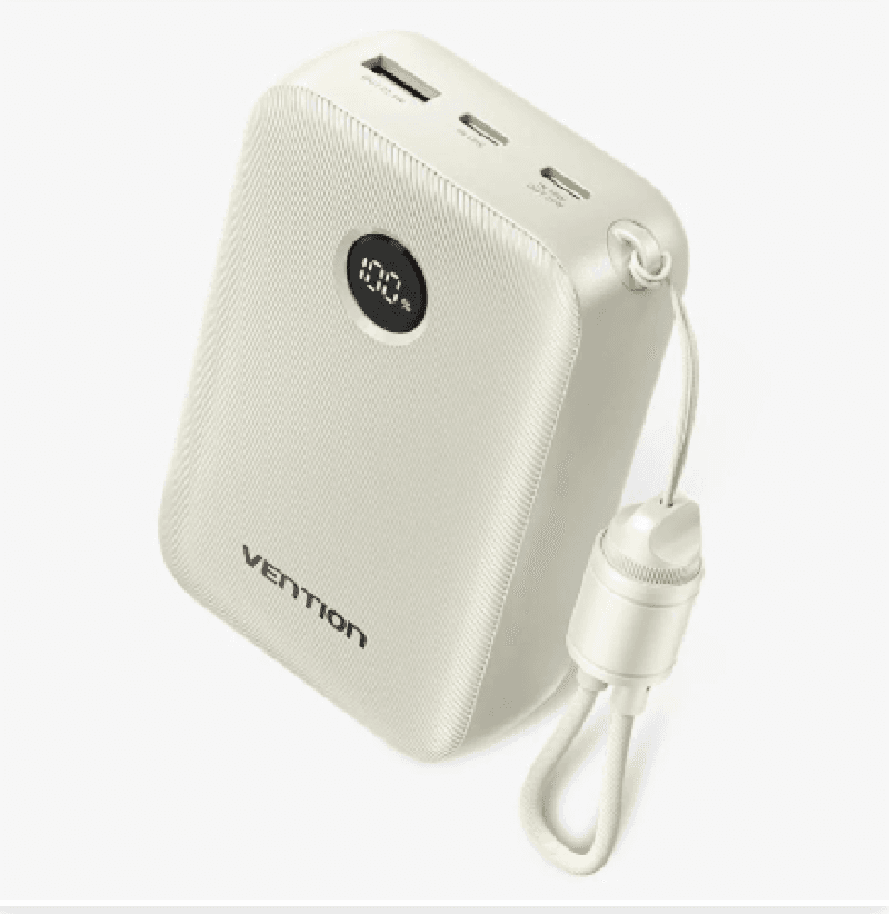 VENTION FKBN0-C-TY 20000mAh Power Bank (USB-C + USB-C/USB-C/USB-A) with Built-in USB-C to USB-C Cable 22.5W Beige LED Display Universal Type