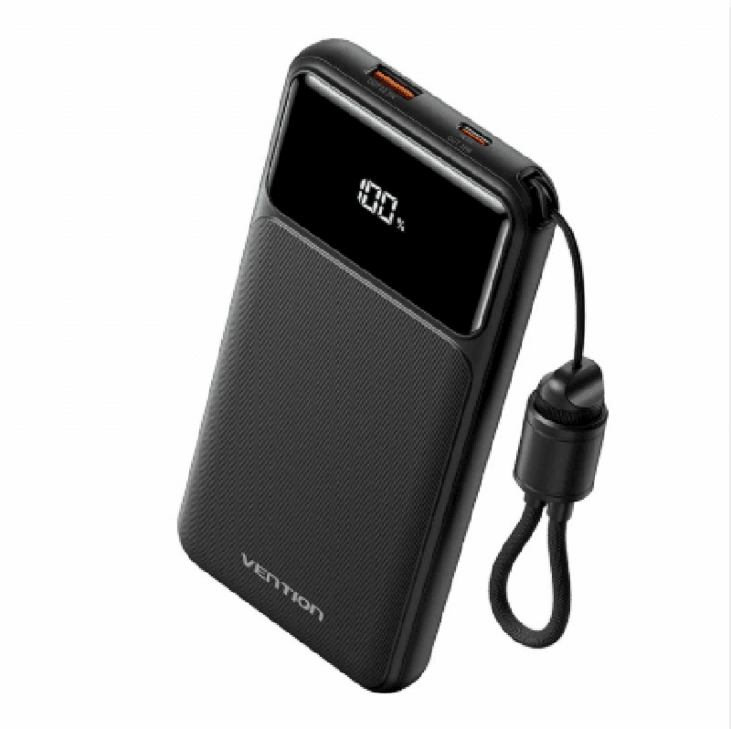 VENTION XGYB0-39-TY 10000mAh Power Bank (USB-C + USB-A) with Built-in Cable 22.5W Black LED Display Type