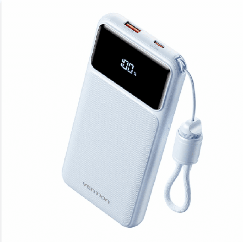 VENTION XGYL0-39-TY 10000mAh Power Bank (USB-C + USB-A) with Built-in Cable 22.5W Blue LED Display Type