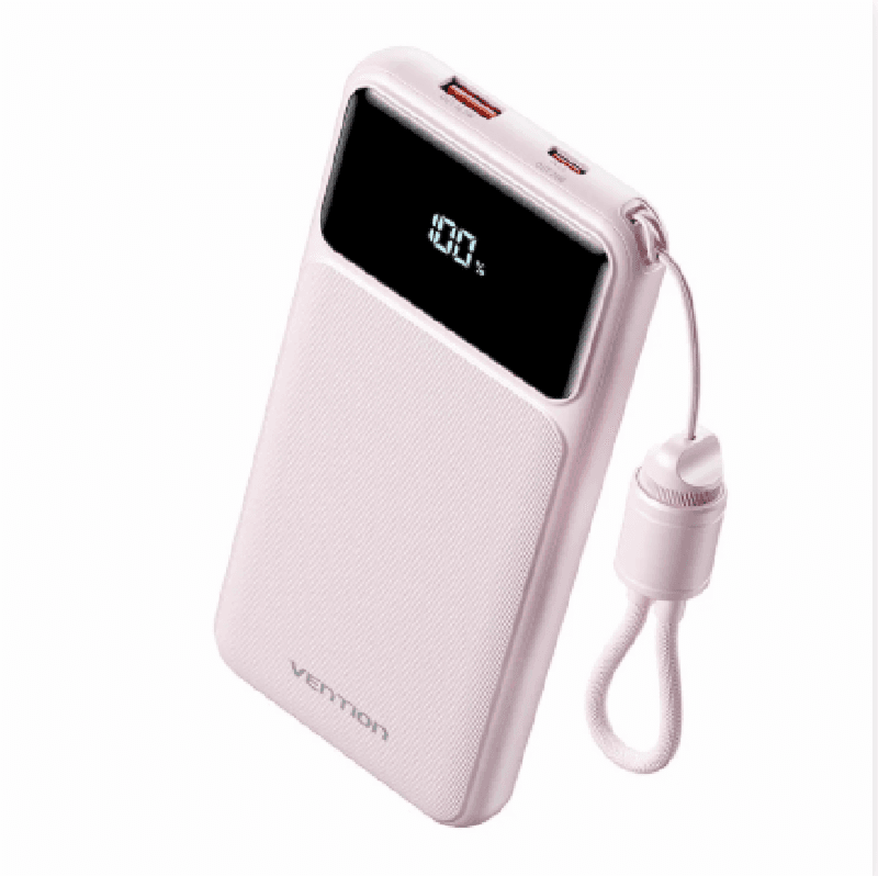 VENTION XGYP0-39-TY 10000mAh Power Bank (USB-C + USB-A) with Built-in Cable 22.5W Pink LED Display Type