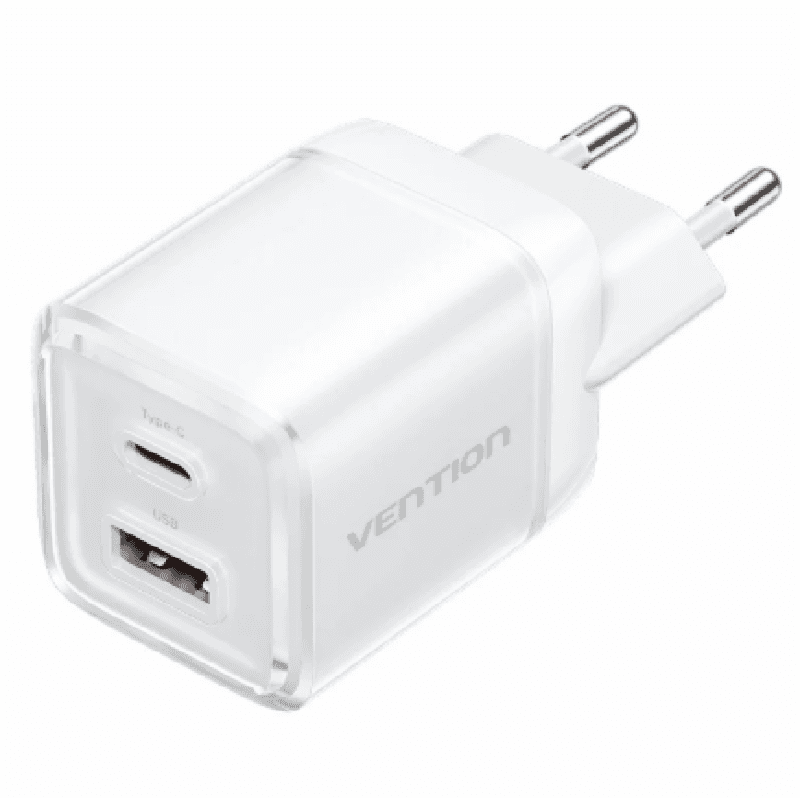 VENTION FCEW0-EU 2-Port USB (C + A) GaN Charger (30W/30W) EU-Plug Transparent White