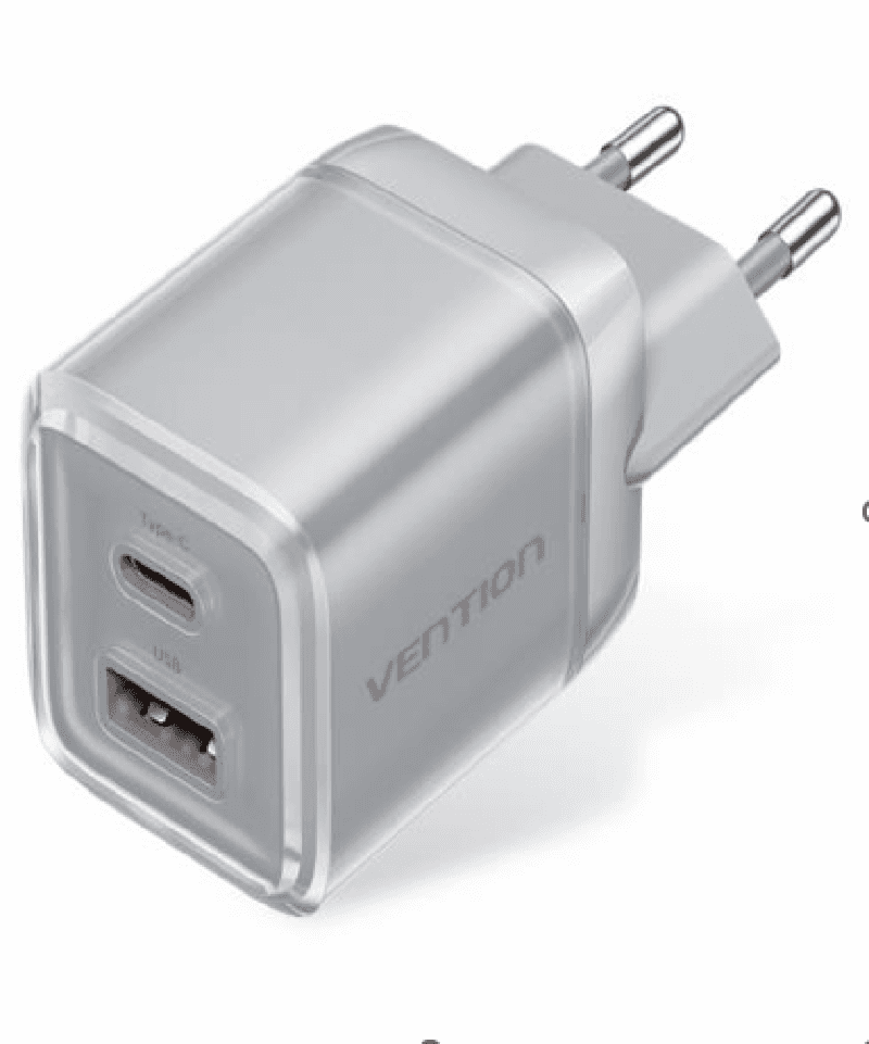 VENTION FCGH0-EU 2-Port USB (C + A) GaN Charger (70W/22.5W) EU-Plug Transparent Gray