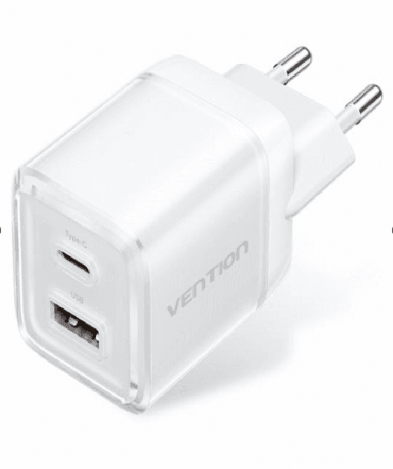 VENTION FCGW0-EU 2-Port USB (C + A) GaN Charger (70W/22.5W) EU-Plug Transparent White