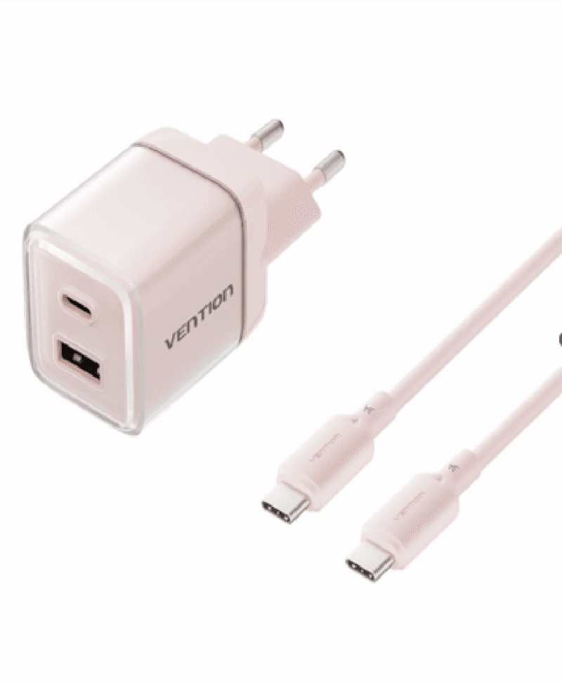 VENTION TZ-FCEP0-EU 2-Port USB (C + A) GaN Charger (30W/30W) with 3A USB-C to USB-C Cable (1M) EU-Plug Pink