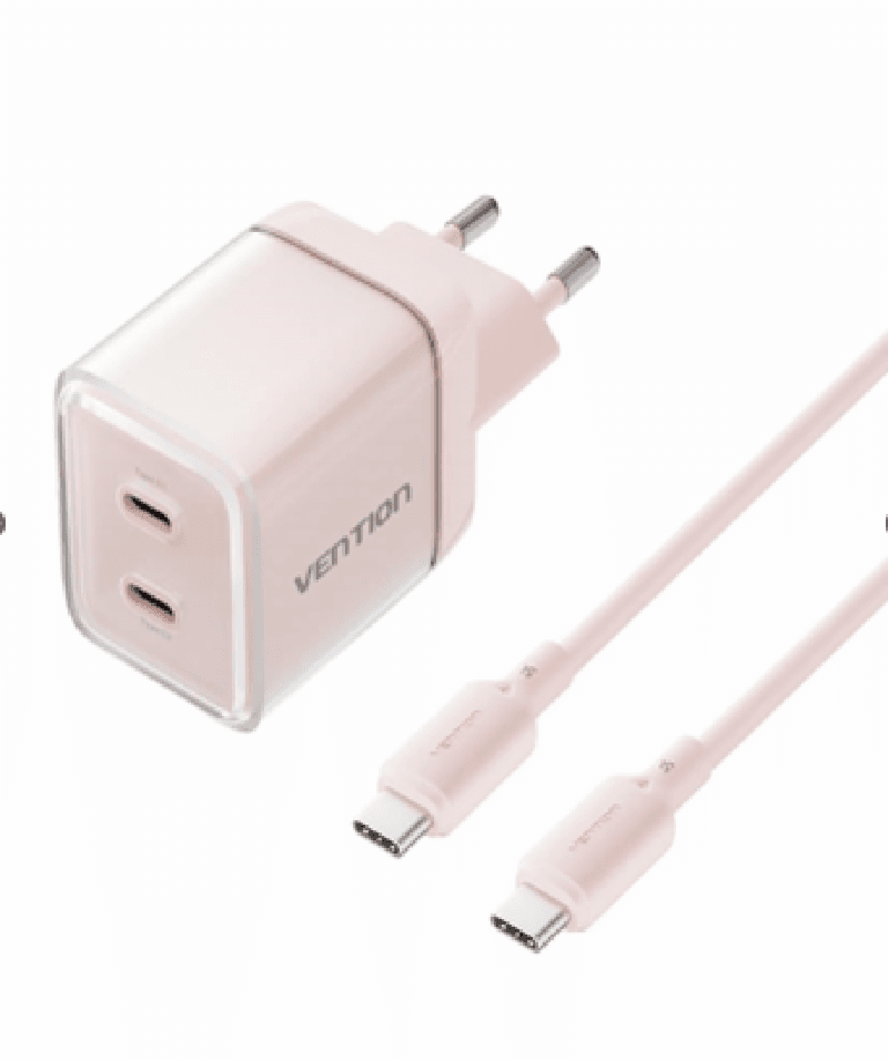 VENTION TZ-FCFP0-EU 2-Port USB (C + C) GaN Charger (45W/45W) with 5A USB-C to USB-C Cable (1M) EU-Plug Pink
