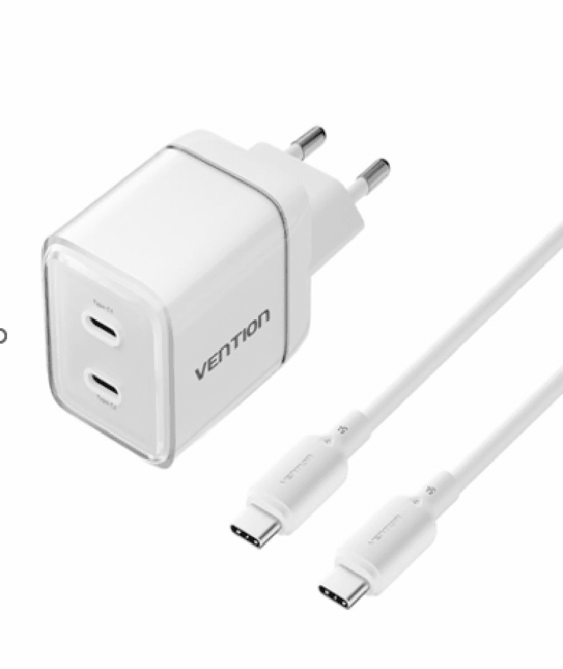 VENTION TZ-FCFW0-EU 2-Port USB (C + C) GaN Charger (45W/45W) with 5A USB-C to USB-C Cable (1M) EU-Plug White