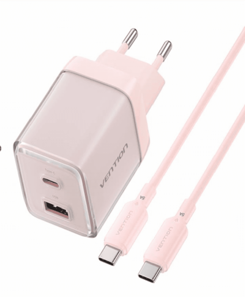 VENTION TZ-FCGP0-EU 2-Port USB (C + A) GaN Charger (70W/22.5W) with 5A USB-C to USB-C Cable (1M) EU-Plug Pink