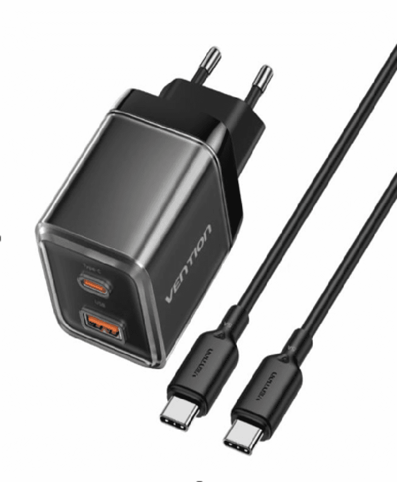 VENTION TZ-FCGB0-EU 2-Port USB (C + A) GaN Charger (70W/22.5W) with 5A USB-C to USB-C Cable (1M) EU-Plug Black
