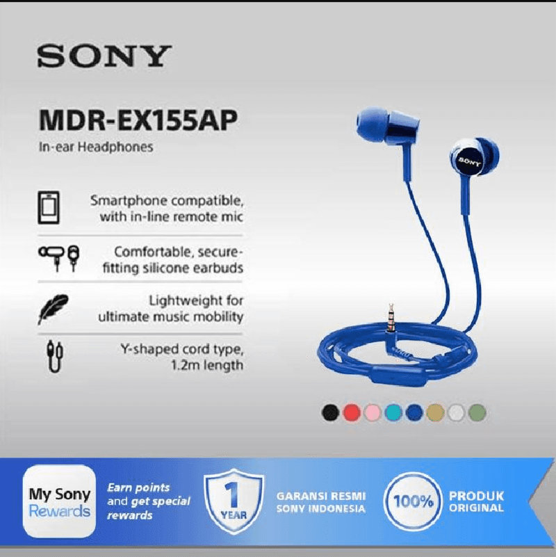 SONY MDR-EX155AP (Blue) In Ear Earphone With Mic