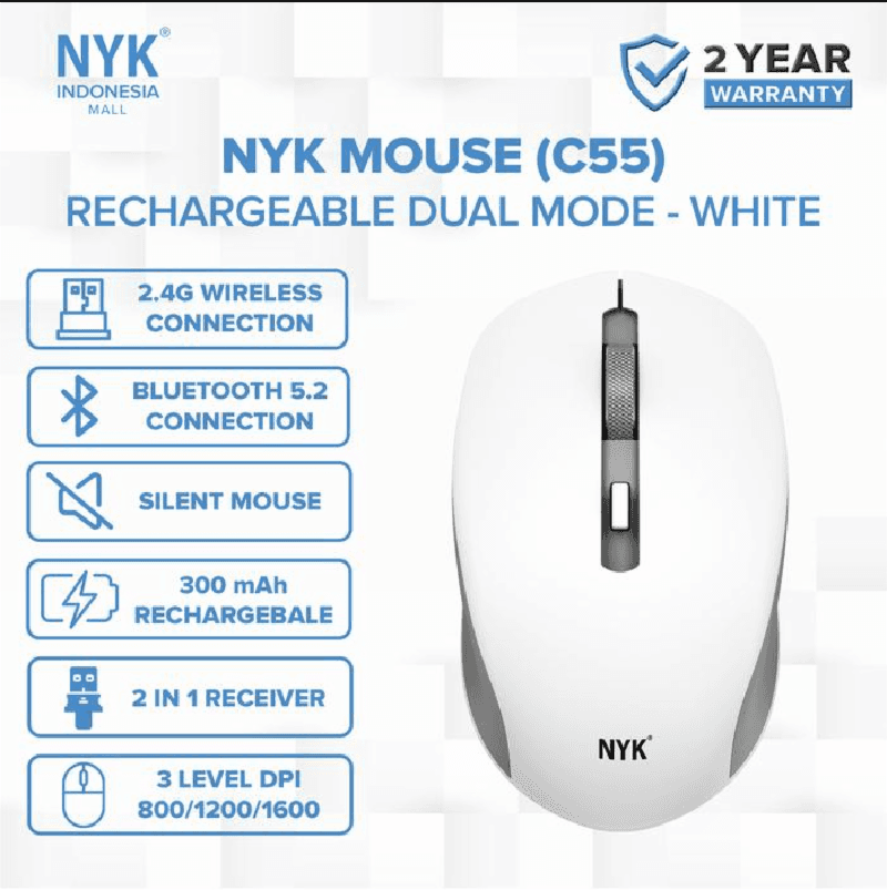 NYK C55 (White) Mouse Silent Click Dual Mode Bluetooth Wireless Rechargeable