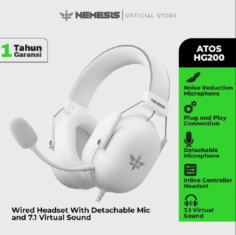 NYK NEMESIS ATOS HG200 (White) Headset Gaming 7.1 Virtual Surround with Detectable Microphone