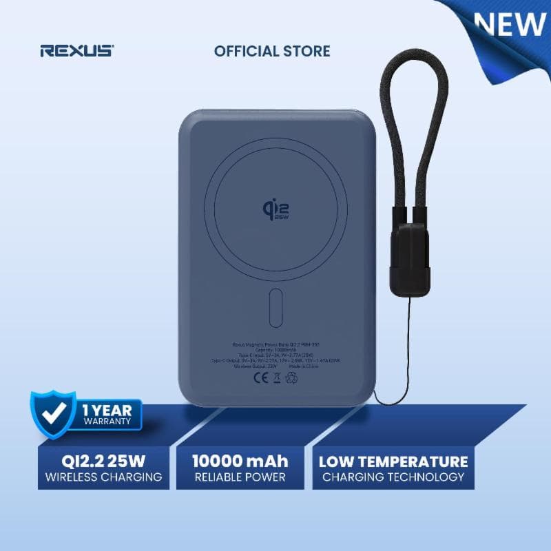 REXUS PBM-350 NAVY BLUE POWERBANK MAGSAFE 10000MAH Qi2.2 Technology Type C 25W Super Fast Charging