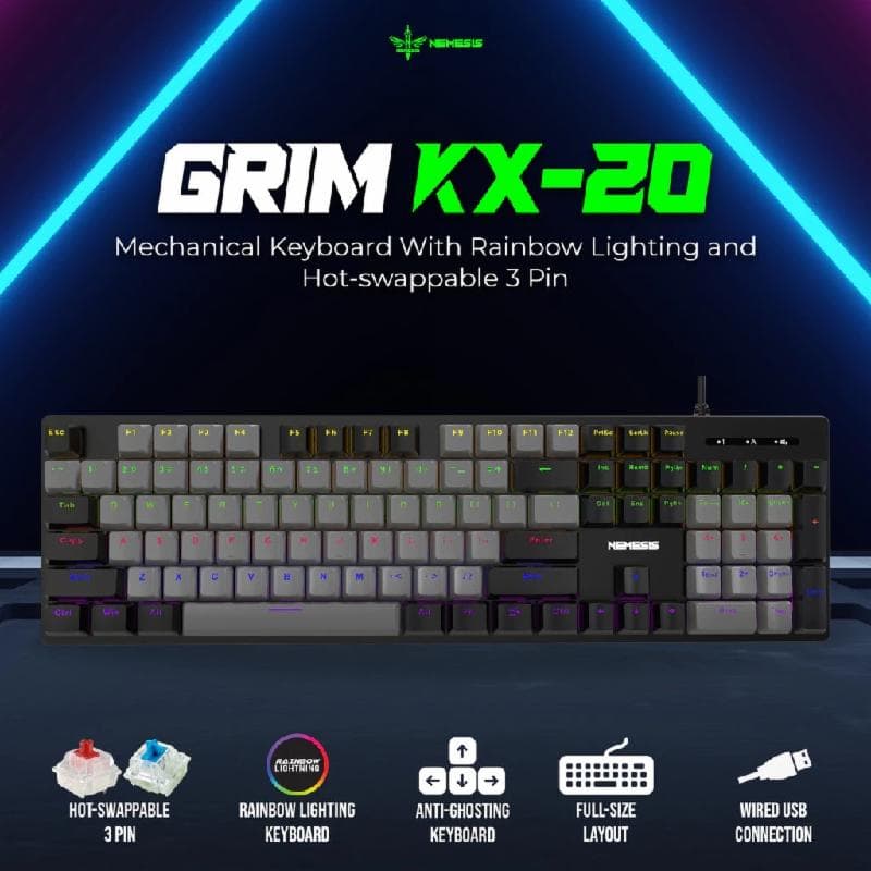 NYK NEMESIS GRIM KX-20 (Grey Black) BLUE SWITCH Keyboard Fullsize Mechanical