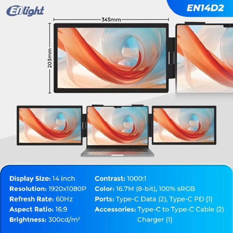 ENLIGHT EN14D2 14" FHD 60Hz Monitor Dual Screen Laptop Extended Screen Adjustable