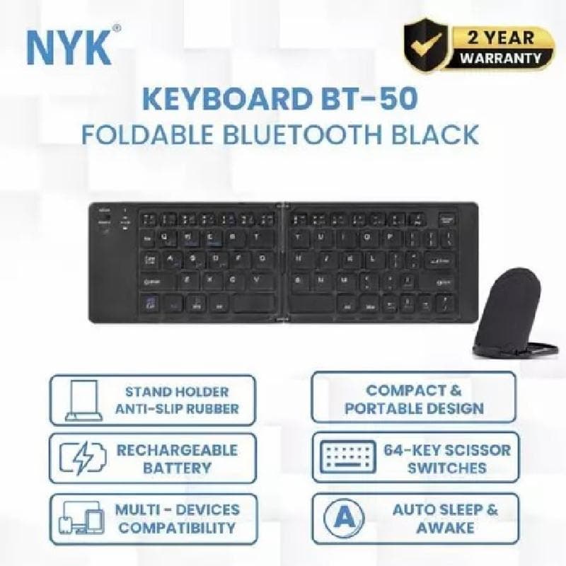 NYK BT-50 (Black) Keyboard Bluetooth Foldable Wireless Mini Lipat