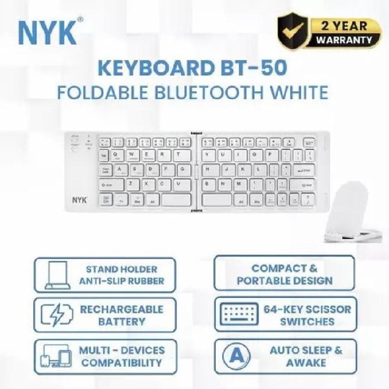 NYK BT-50 (White) Keyboard Bluetooth Foldable Wireless Mini Lipat