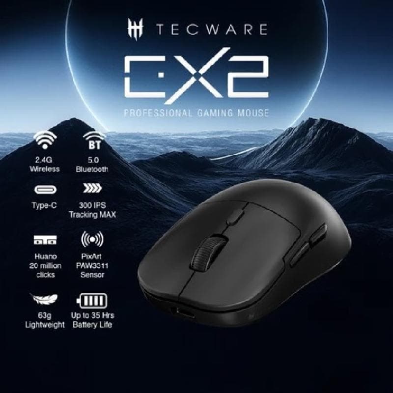 TECWARE EX2 (Black) Wireless Gaming Mouse Bluetooth Tri Mode Connection PixArt PAW 3311