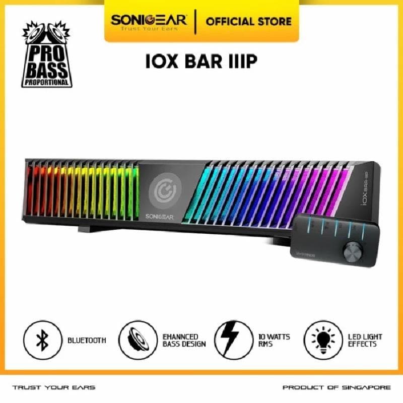 SonicGear IOX BAR 3P (Black) Speaker Bluetooth Stereo Soundbar | 10W Powerfull Sound | RGB Light Effect