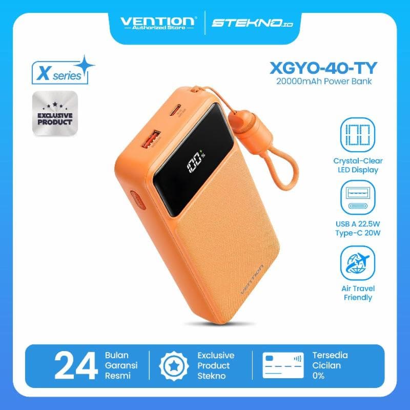 VENTION XGYO0-40-TY 20000mAh Power Bank (USB-C + USB-A) with Built-in Cable 22.5W ORANGE LED Display Type