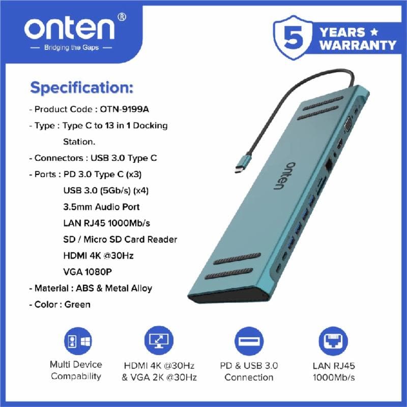 ONTEN 9199A DOCK STATION TYPE-C TO 13 IN 1