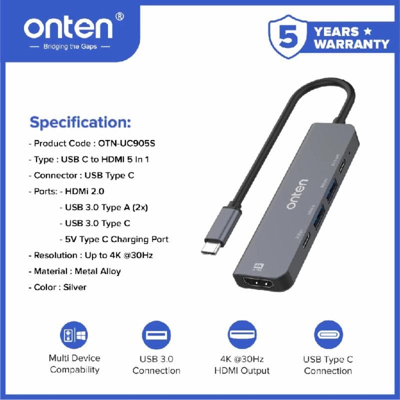 ONTEN UC905S Converter HUB 5 in 1 TYPE C to HDMI 4K 30hz