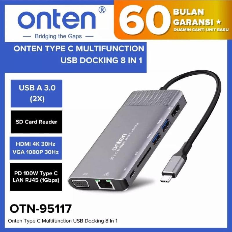 ONTEN 95117 Type C Hub 8 IN1 Docking Station HDMI 4K VGA LAN RJ45 PD 100W USB 3.0 SD Card