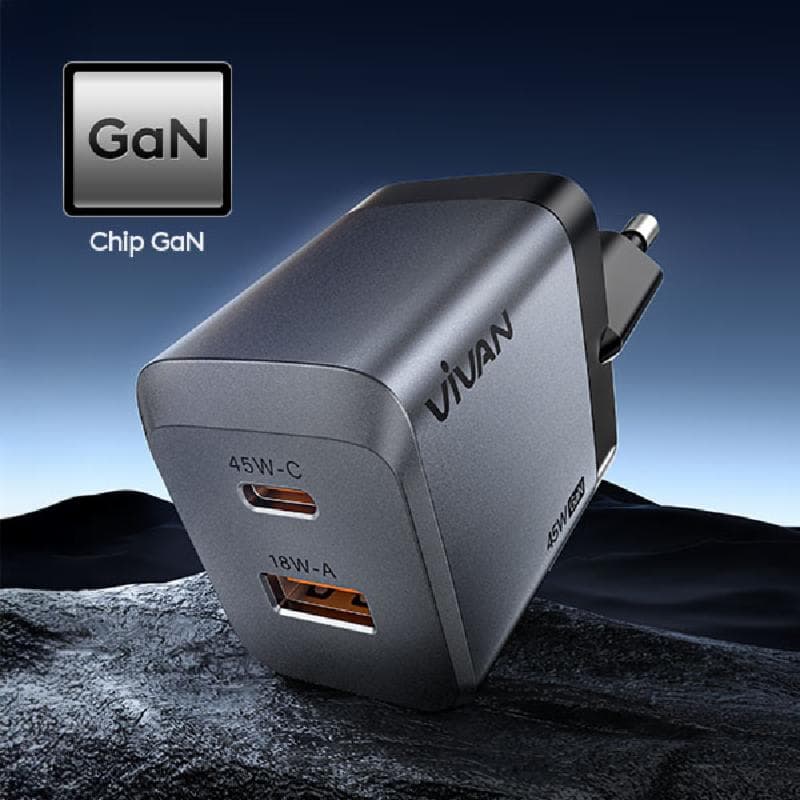 VIVAN GaN45 (Silvery) Charger 45W Fast Charging 3A 2 Output USB-A &C PD QC Port Quick Charge Support Notebook