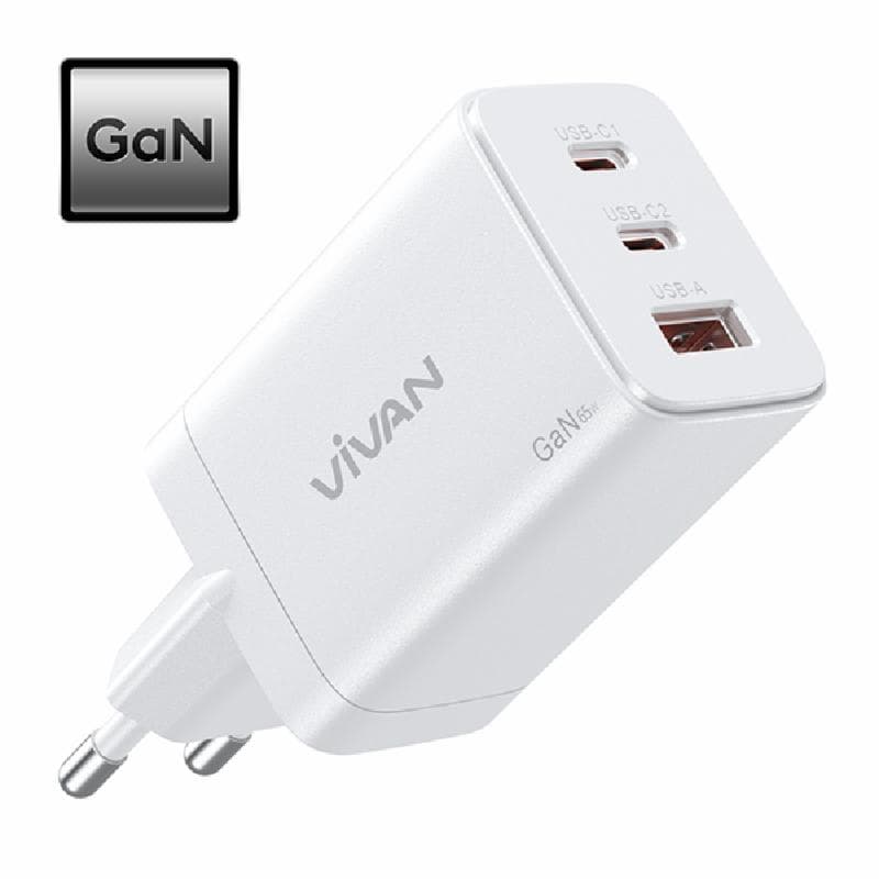 VIVAN GaN Power C65 (White) Charger 65W 3 Port USB-A USB-C Fast Charging PD/QC 3.0