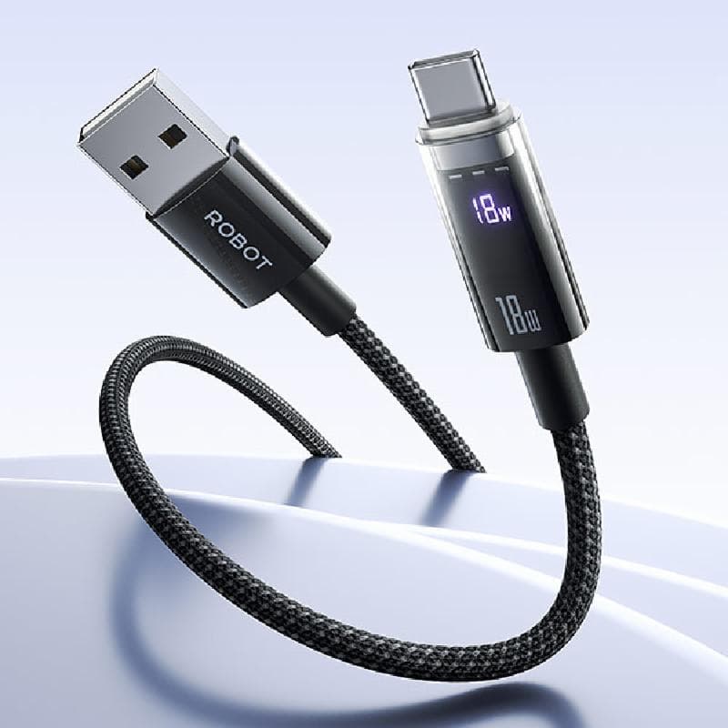 ROBOT RHC100 (Black) Kabel Data Usb A To Type C Digital Display 18W Fast Charging 1M