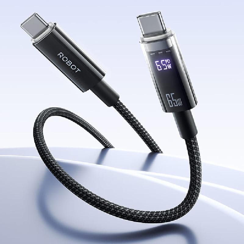 ROBOT RHCC100 (Black) Kabel Data Usb A To Type C Digital Display 65W Fast Charging 1M