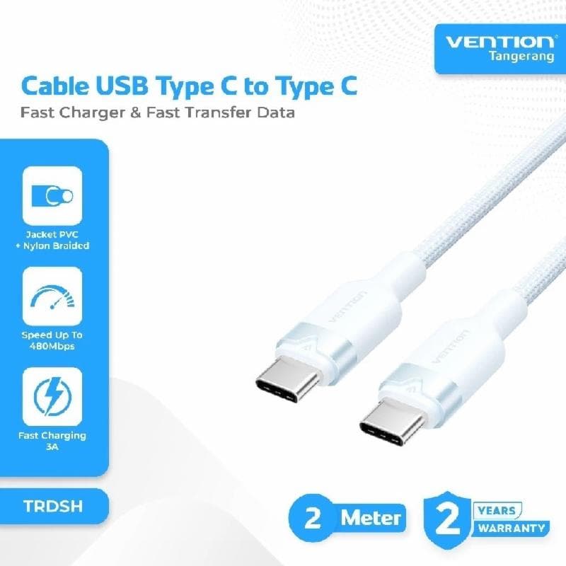 VENTION TRDSH 2M USB 2.0 Type-C Male to Type-C Male 3A Cable Blue Aluminum Alloy Type