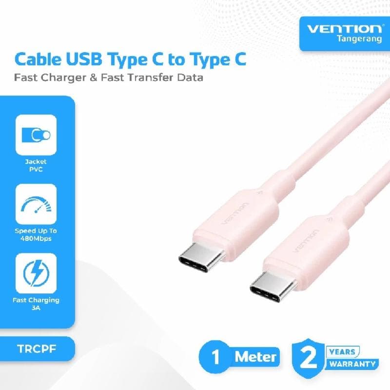 VENTION TRCPF USB 2.0 Type-C Male to Type-C Male 3A Cable 1M Pink PVC Type