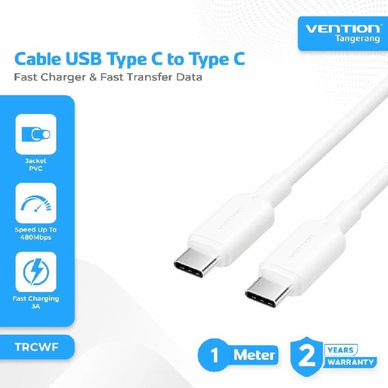 VENTION TRCWF USB 2.0 Type-C Male to Type-C Male 3A Cable 1M White PVC Type