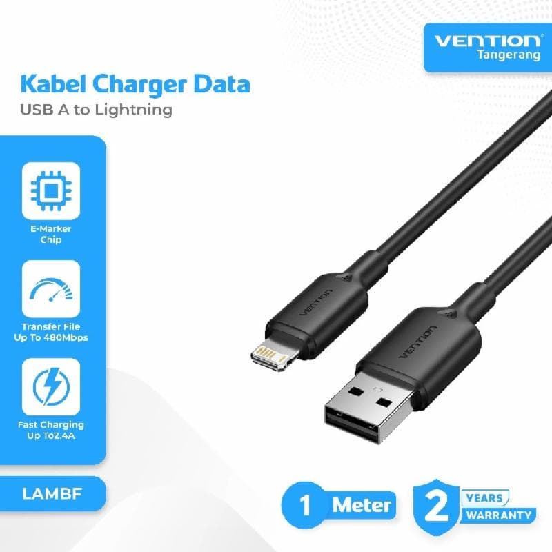 VENTION LAMBF USB 2.0 Type-A Male to Lightning Male 2.4A Cable 1M Black PVC Type
