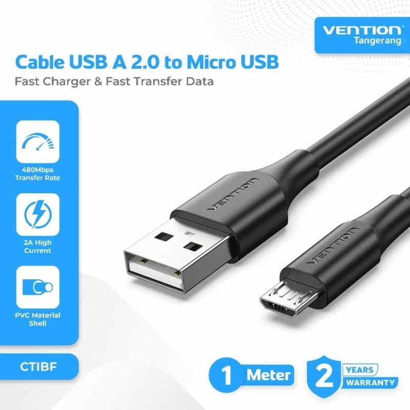 VENTION CTIBF USB 2.0 A Male to Micro-B Male 2A Cable 1M Black