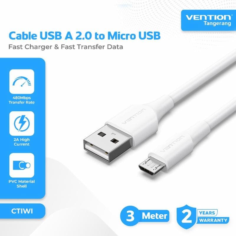 VENTION CTIWI USB 2.0 A Male to Micro-B Male 2A Cable 3M White
