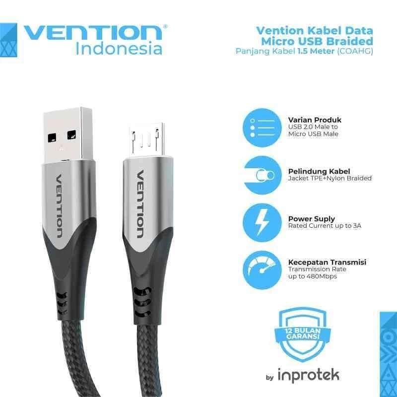 VENTION COAHG Cotton Braided USB 2.0 A Male to Micro-B Male 3A Cable 1.5M Gray Aluminum Alloy Type